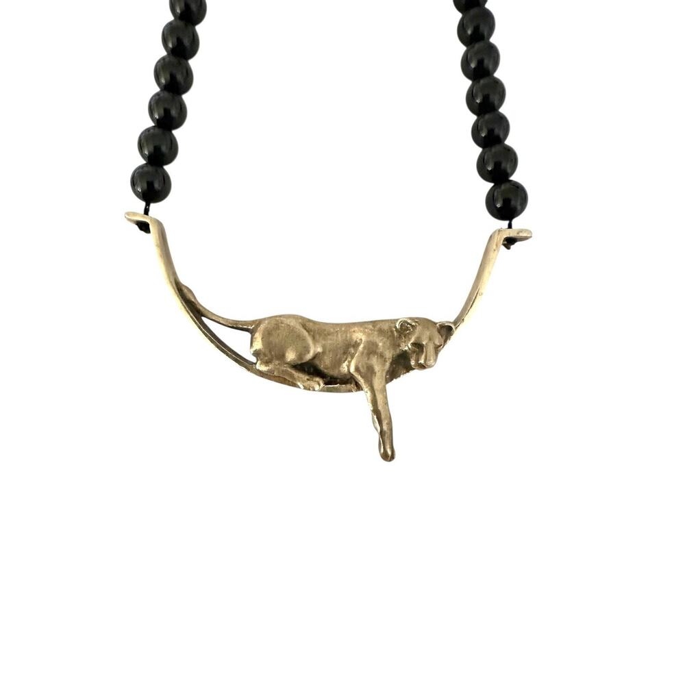 Alice Caviness Signed ‘87 Brass Lounging Panther Necklace Black Glass Beads 20” - Picture 2 of 8